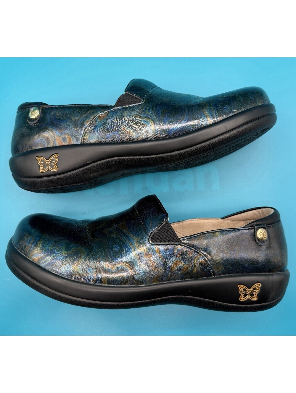 Alegria Keli Metallic Blue Leather Slip On Professional Nursing Clog Shoe Sz 41
